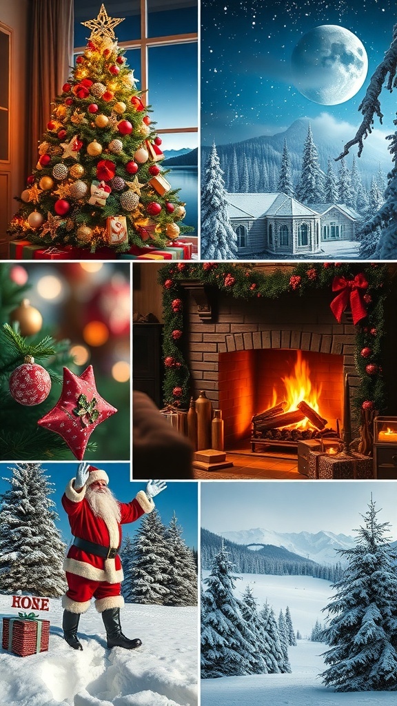 Festive Christmas Image Ideas A collage of Christmas images featuring a tree, fireplace, Santa, and snow.